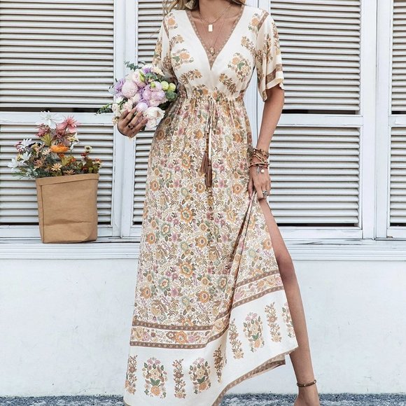 . Dresses & Skirts - Multicolor Boho Womens Floral Print Trumpet Sleeve Split Thigh Drawstring Dress